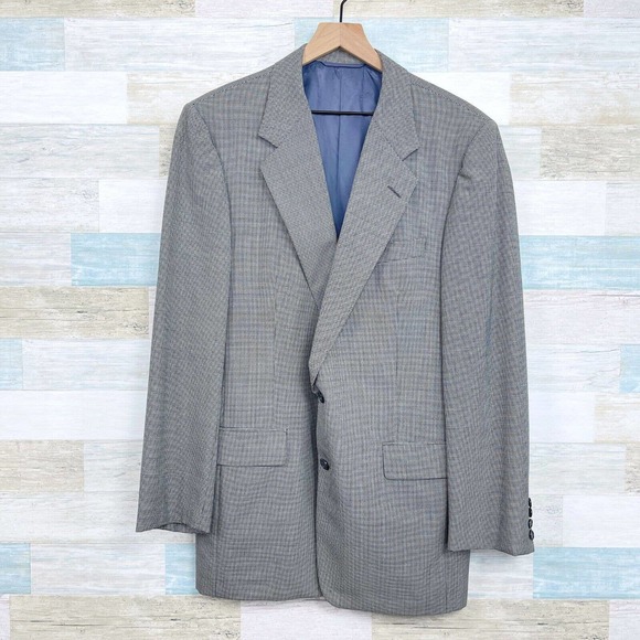 Hickey Freeman Wool Boardroom Sport Coat Gray Micro Houndstooth Mens 41L FLAW
